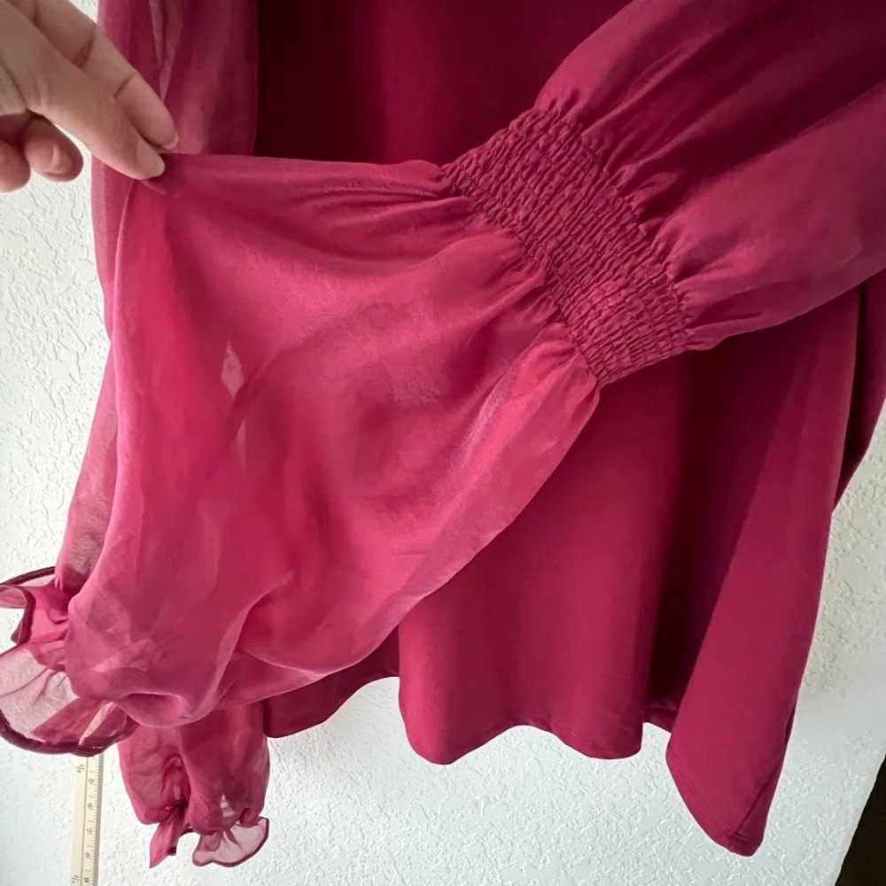 English Factory Ruffle Puff Sleeve Top XL Burgundy Sheer Mix Media Anthropologie - Picture 6 of 9